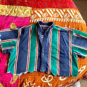 Men’s shirt modified to be cropped with scallops